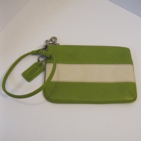 Coach Handbags - Coach Small Green and White Stripe Leather Wristlet